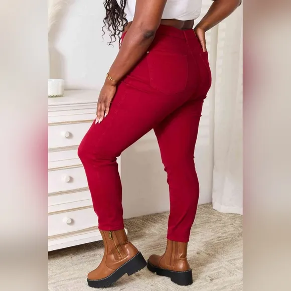 Tummy Control High-Rise Waist Red Denim Judy Blue Skinny Jean Pants Plus Size