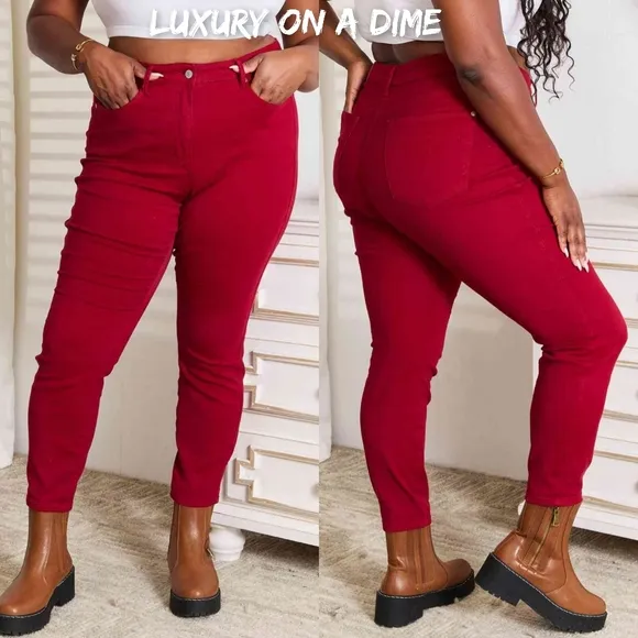 Tummy Control High-Rise Waist Red Denim Judy Blue Skinny Jean Pants Plus Size