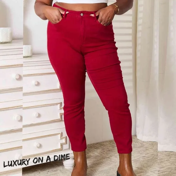 Tummy Control High-Rise Waist Red Denim Judy Blue Skinny Jean Pants Plus Size