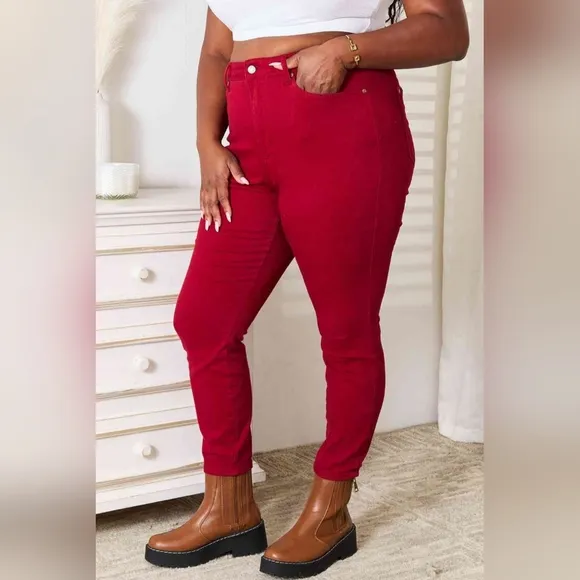 Tummy Control High-Rise Waist Red Denim Judy Blue Skinny Jean Pants Plus Size
