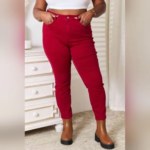 Tummy Control High-Rise Waist Red Denim Judy Blue Skinny Jean Pants Plus Size