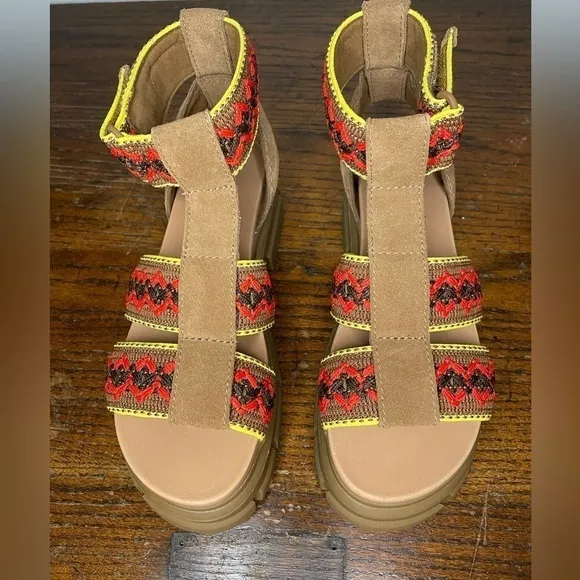UGG Ashton Heritage Braid Platform Sandals Tan Suede Boho Chunky Sole