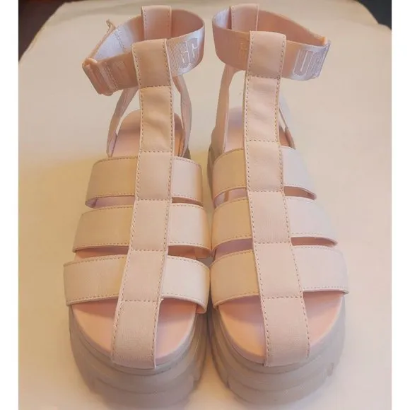 UGG Ashton Strappy Chunky Platform Leather Sandals Womens Size 11 Rosie Beige