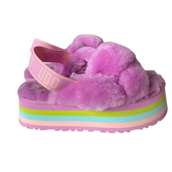 UGG Disco Knot Shearling Sherpa Multicolor Pastel Rainbow Platform Sandals Sz 8