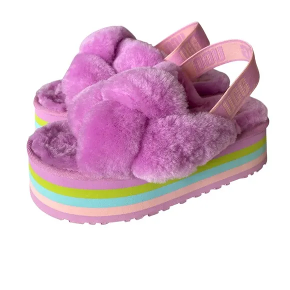 UGG Disco Knot Shearling Sherpa Multicolor Pastel Rainbow Platform Sandals Sz 8