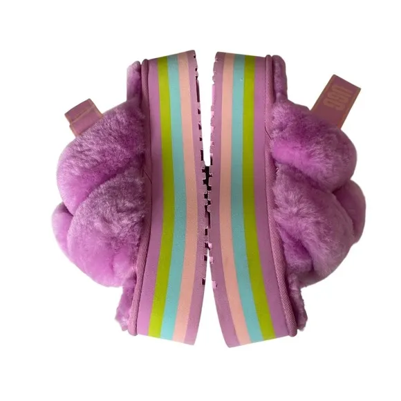 UGG Disco Knot Shearling Sherpa Multicolor Pastel Rainbow Platform Sandals Sz 8
