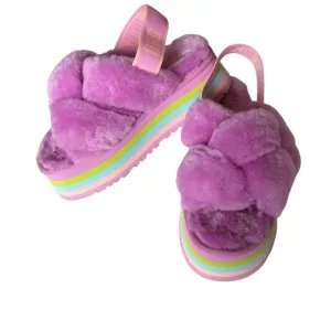 UGG Disco Knot Shearling Sherpa Multicolor Pastel Rainbow Platform Sandals Sz 8