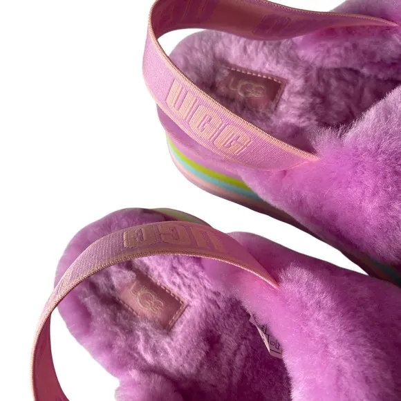 UGG Disco Knot Shearling Sherpa Multicolor Pastel Rainbow Platform Sandals Sz 8