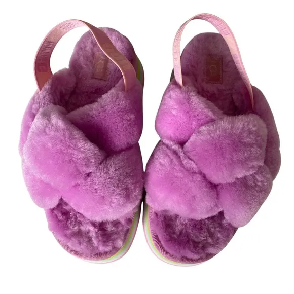 UGG Disco Knot Shearling Sherpa Multicolor Pastel Rainbow Platform Sandals Sz 8