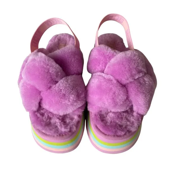 UGG Disco Knot Shearling Sherpa Multicolor Pastel Rainbow Platform Sandals Sz 8