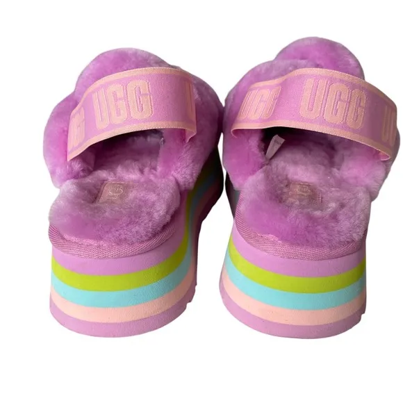 UGG Disco Knot Shearling Sherpa Multicolor Pastel Rainbow Platform Sandals Sz 8