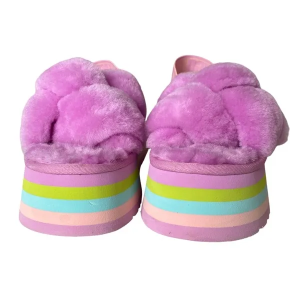 UGG Disco Knot Shearling Sherpa Multicolor Pastel Rainbow Platform Sandals Sz 8