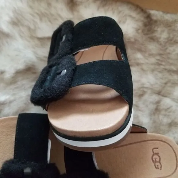 UGG Fluff Indio Women's Suede Slide Sandals in Black Size 6 NEW
