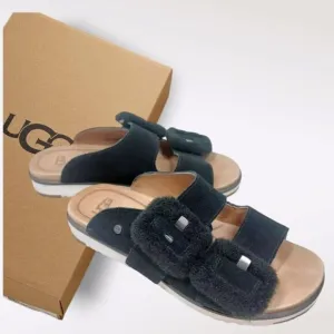 UGG Fluff Indio Women's Suede Slide Sandals in Black Size 6 NEW