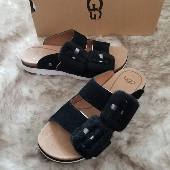 UGG Fluff Indio Women's Suede Slide Sandals in Black Size 6 NEW