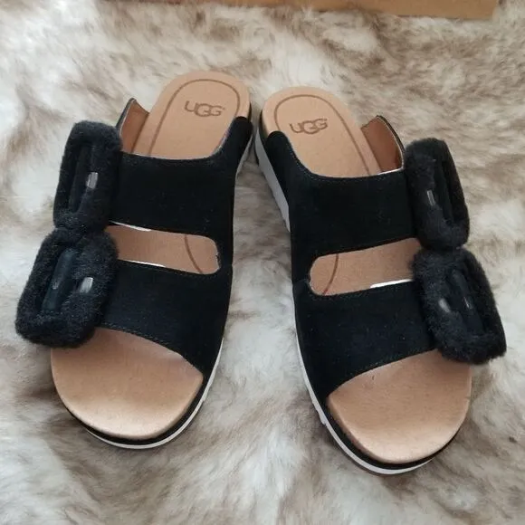 UGG Fluff Indio Women's Suede Slide Sandals in Black Size 6 NEW