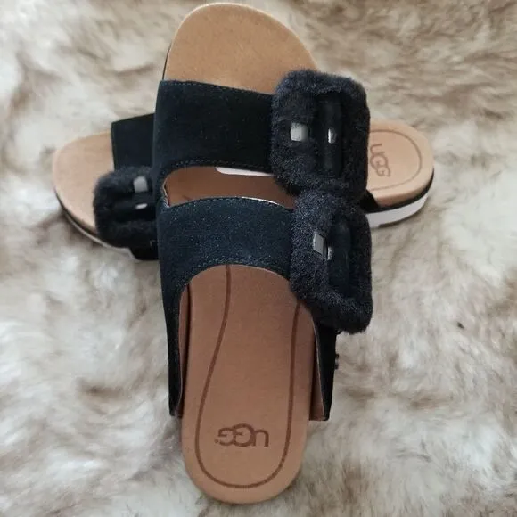 UGG Fluff Indio Women's Suede Slide Sandals in Black Size 6 NEW
