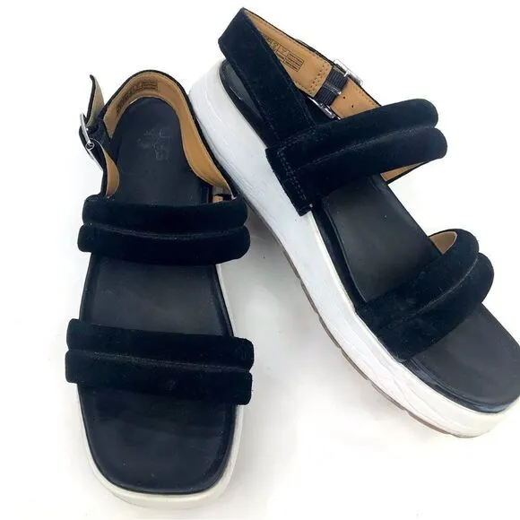 UGG LYNNDEN Black Suede Square Toe Platform Sandals