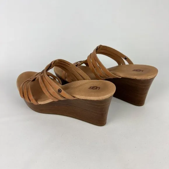 UGG Mattie Womens Platform Wedge Strappy Sandals Tan Brown Leather size 10