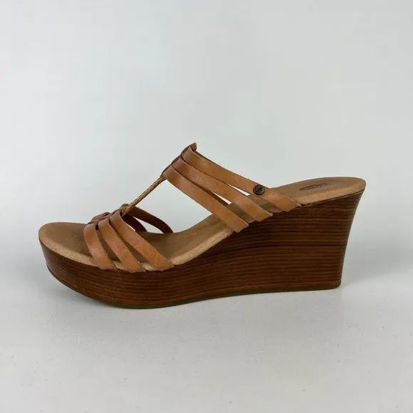 UGG Mattie Womens Platform Wedge Strappy Sandals Tan Brown Leather size 10