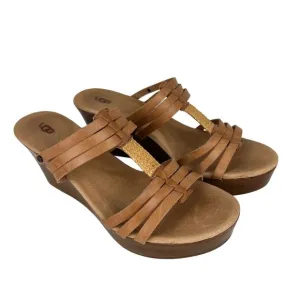 UGG Mattie Womens Platform Wedge Strappy Sandals Tan Brown Leather size 10