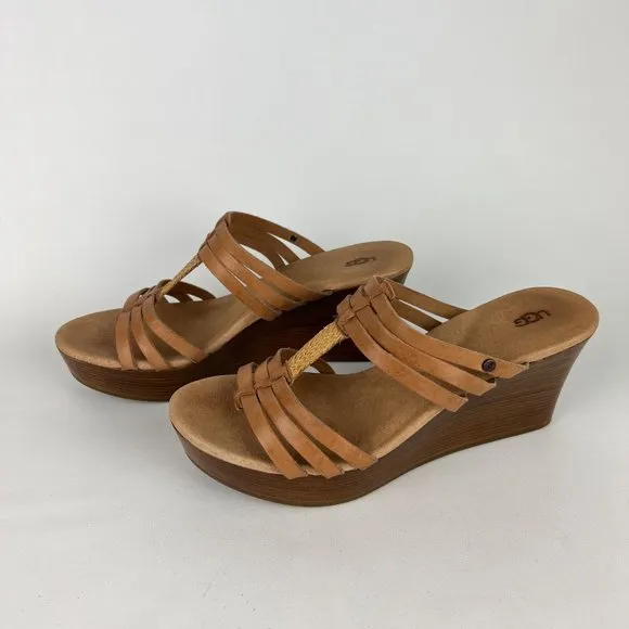 UGG Mattie Womens Platform Wedge Strappy Sandals Tan Brown Leather size 10