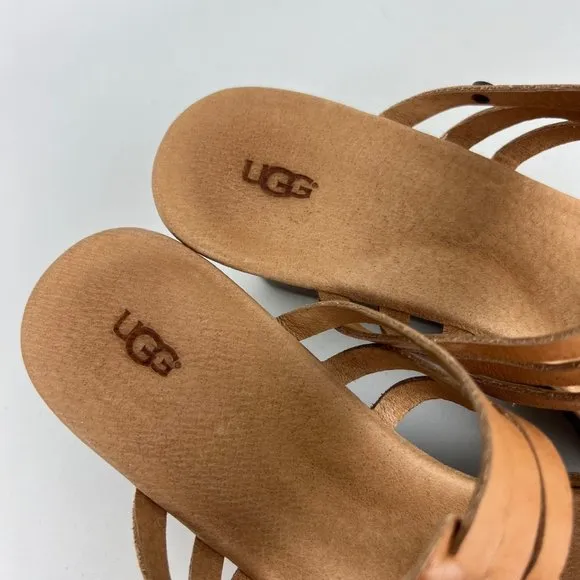 UGG Mattie Womens Platform Wedge Strappy Sandals Tan Brown Leather size 10