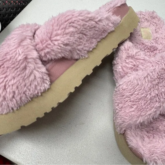 Ugg Pink Fuzz Sugar Cross Slide Sandals Womens 10 Casual Summer Platform Shoes