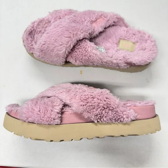 Ugg Pink Fuzz Sugar Cross Slide Sandals Womens 10 Casual Summer Platform Shoes