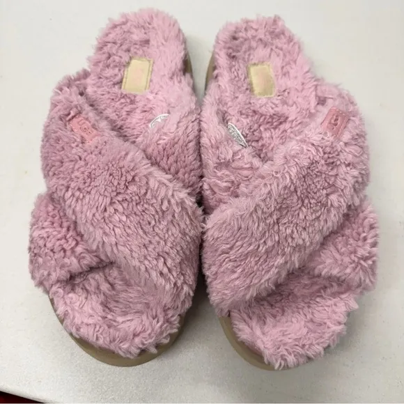Ugg Pink Fuzz Sugar Cross Slide Sandals Womens 10 Casual Summer Platform Shoes