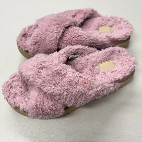 Ugg Pink Fuzz Sugar Cross Slide Sandals Womens 10 Casual Summer Platform Shoes