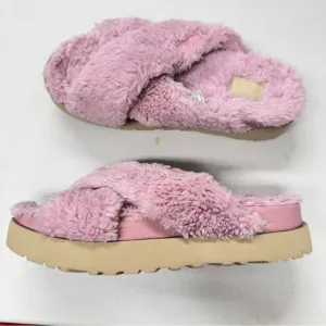 Ugg Pink Fuzz Sugar Cross Slide Sandals Womens 10 Casual Summer Platform Shoes