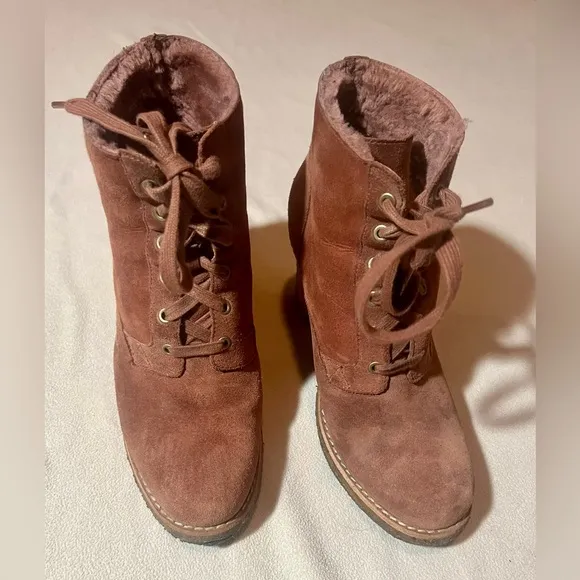 UGG Vintage Heeled Suede and Sheepskin Combat Boots, Size 8