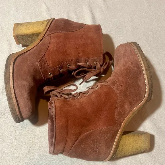 UGG Vintage Heeled Suede and Sheepskin Combat Boots, Size 8