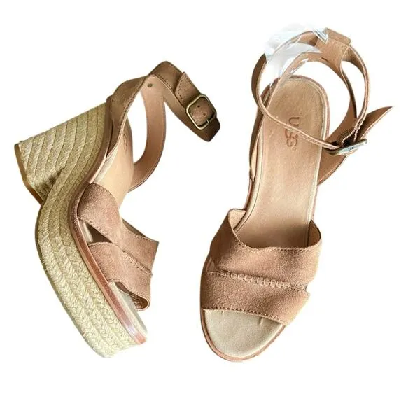 UGG Women’s Carine Suede Tan Platform Chunky Heel Open Toe Woven Sandals Size 8