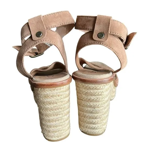 UGG Women’s Carine Suede Tan Platform Chunky Heel Open Toe Woven Sandals Size 8