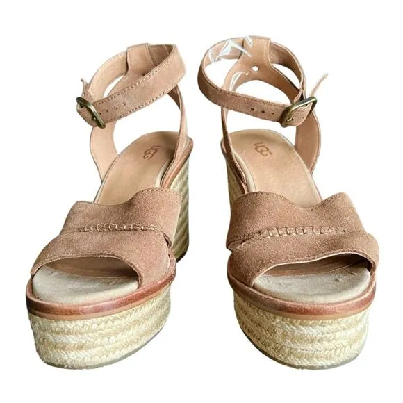 UGG Women’s Carine Suede Tan Platform Chunky Heel Open Toe Woven Sandals Size 8
