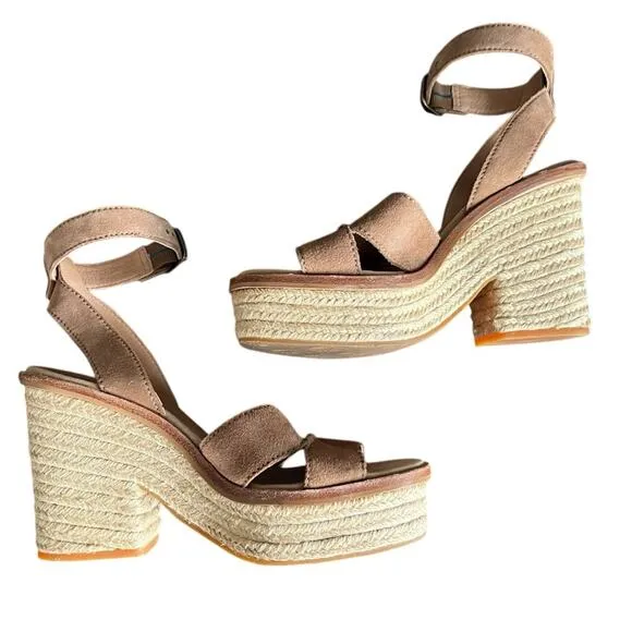 UGG Women’s Carine Suede Tan Platform Chunky Heel Open Toe Woven Sandals Size 8