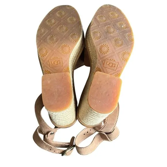UGG Women’s Carine Suede Tan Platform Chunky Heel Open Toe Woven Sandals Size 8