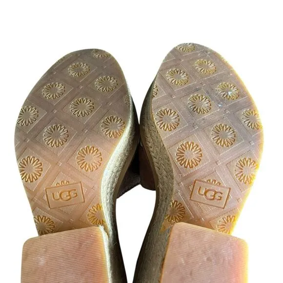 UGG Women’s Carine Suede Tan Platform Chunky Heel Open Toe Woven Sandals Size 8