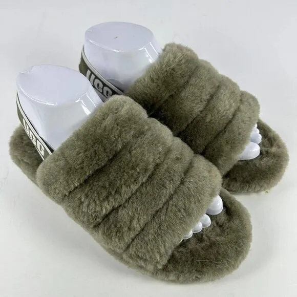 UGG Women's Fluff Yeah US 7 Army Green Platform Slide Fur Sandals