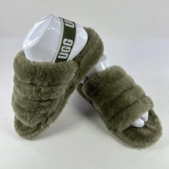 UGG Women's Fluff Yeah US 7 Army Green Platform Slide Fur Sandals