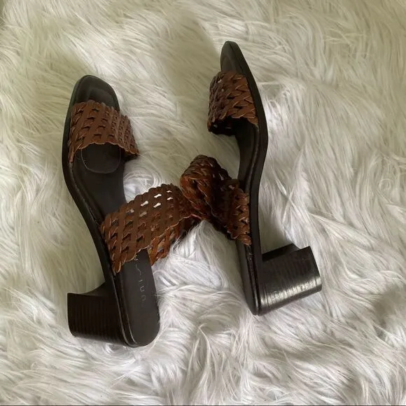 UNISA brown braided leather straps square open toe block heel sandals 7