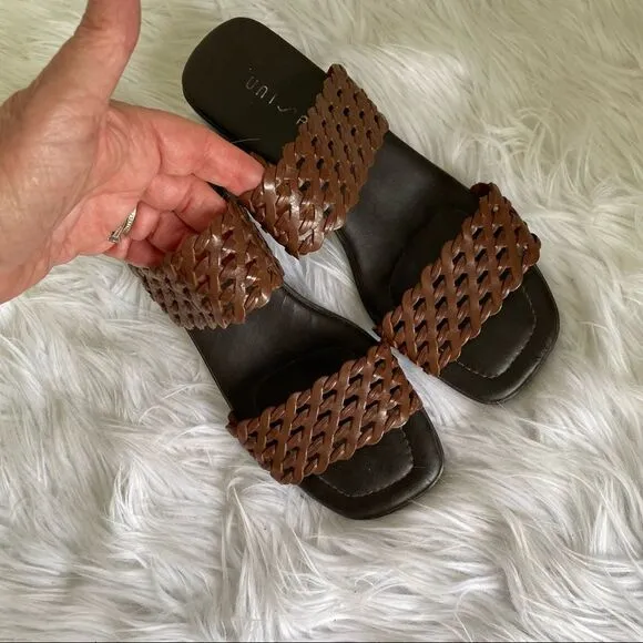 UNISA brown braided leather straps square open toe block heel sandals 7