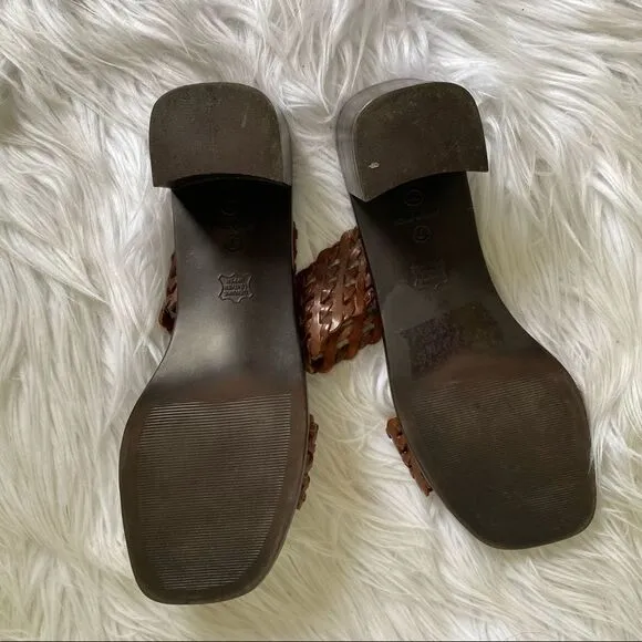 UNISA brown braided leather straps square open toe block heel sandals 7