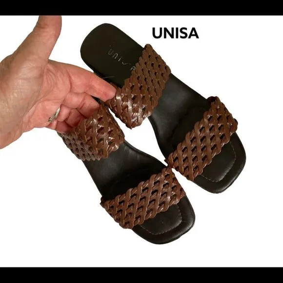 UNISA brown braided leather straps square open toe block heel sandals 7