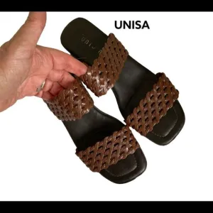 UNISA brown braided leather straps square open toe block heel sandals 7