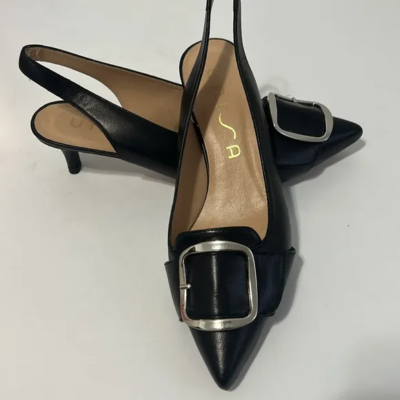 UNISA  JALIS  Black Slingback Shoes with Silver Buckle. MADE IN SPAIN