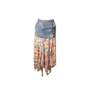Upcycled Torrid Sharkbite Denim Skirt 18R Blue White Feather Print