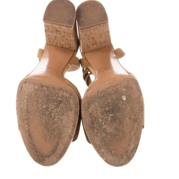 Valentino Garavani | Tan Suede and Cork Heeled Sandals EUC 10.5